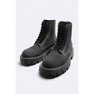 Zara Men Lace-Up Black Canvas Chunky Lug Style Boots Distressed US 10 EUR 43 NWT